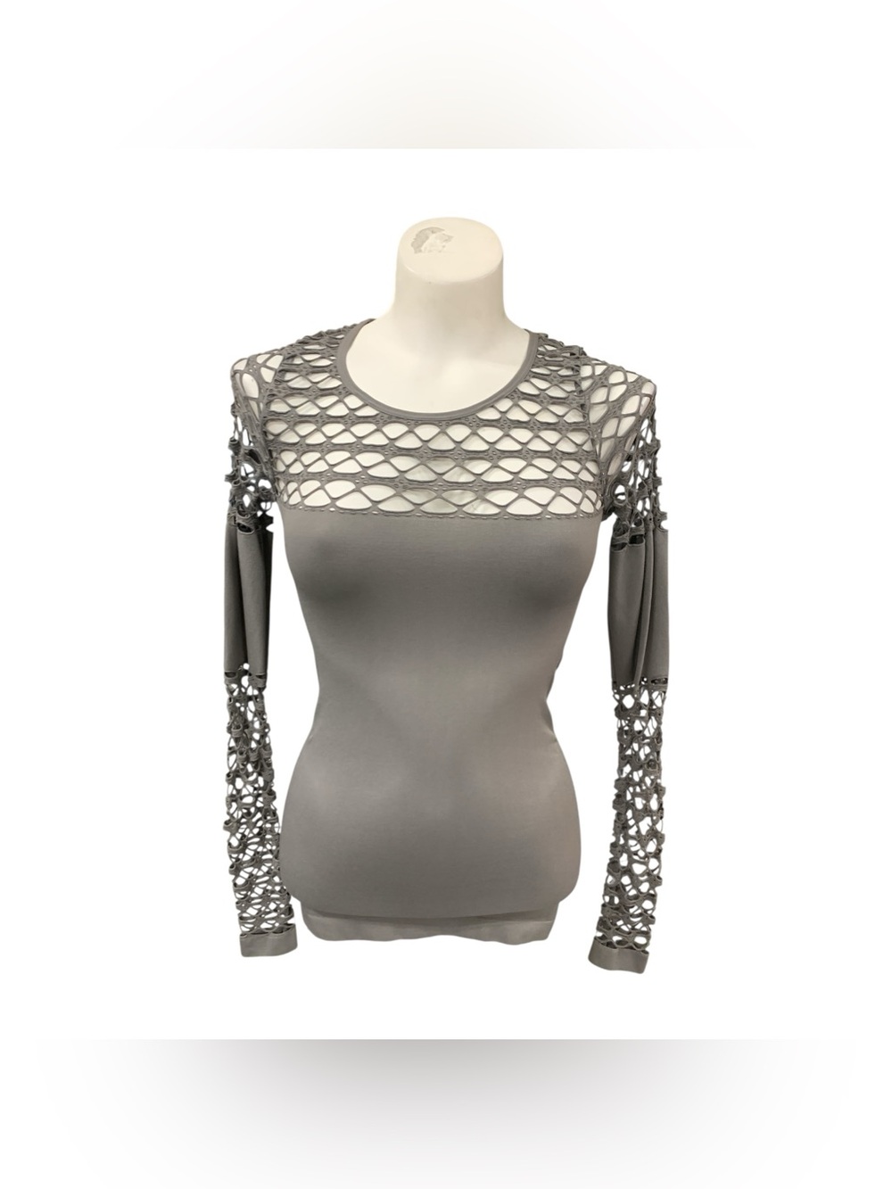 VENUS Grey Lattice Crochet Long-Sleeve Top Size S